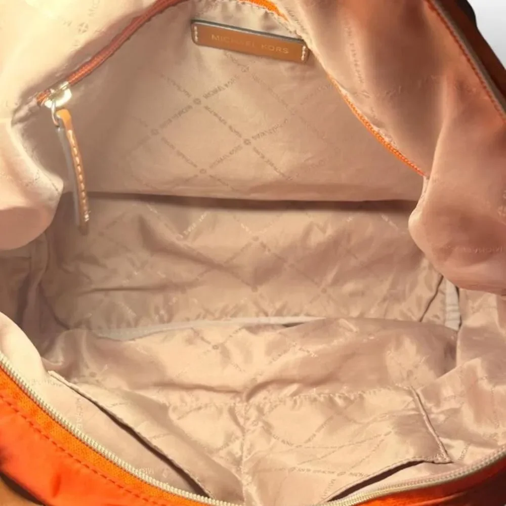 Michael Kors Orange Nylon Tote Shoulder Bag Brown Leather Trim Zip Top